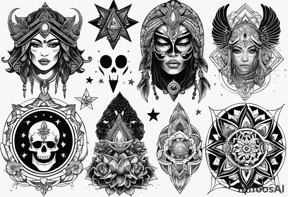 black kali, goddess pirate, alien, pachamama, valkrye, warrior, skull, lotus azul, wing, eagle, zenza resonance, stars, 5D, anahata chakra tattoo idea