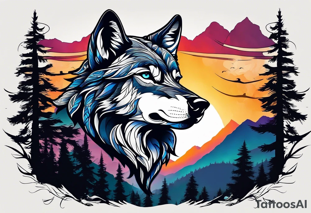 Badass wolf wearing sunglasses
Dark woods
Mountain peaks
Sunset tattoo idea