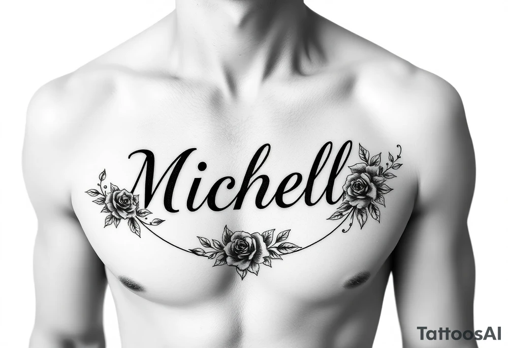 Create a tattoo on a man’s chest if a woman’s name Michelle. Place Ivy and small roses around the name tattoo idea