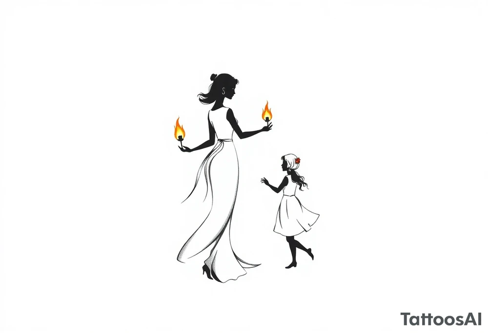 Silhouette of a mother passing 2 flames to two daughters tattoo idea