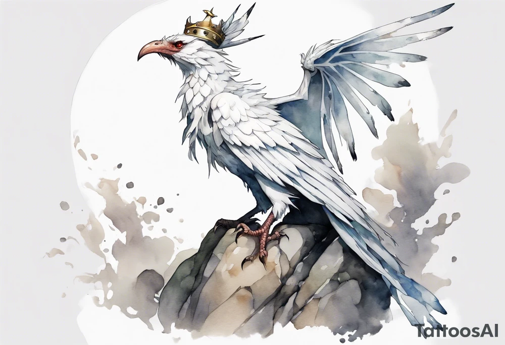 a white bird-wyvern hybrid, wearing a plain iron crown on head, perched on a stone tattoo idea