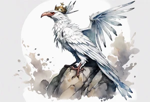 a white bird-wyvern hybrid, wearing a plain iron crown on head, perched on a stone tattoo idea