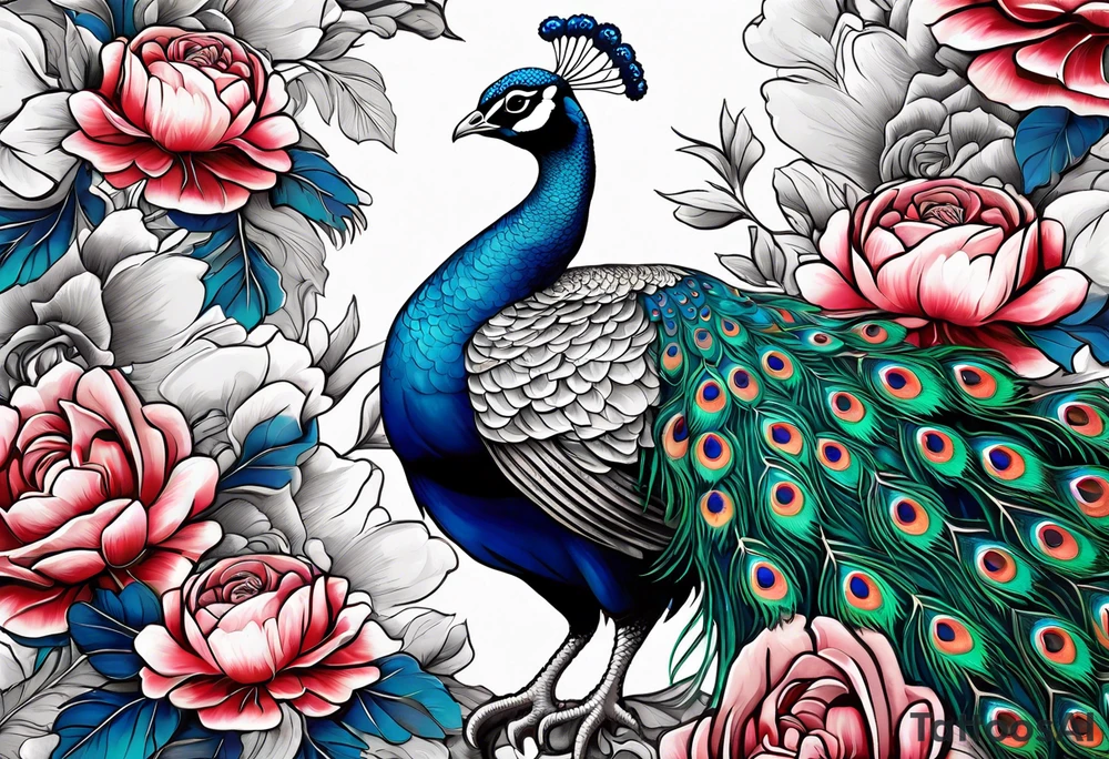 beautiful highly detailed peacock surrounded by peonies, roses. and leaves, philligry, intricate, detailed, tattoo idea