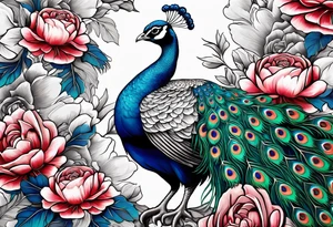 beautiful highly detailed peacock surrounded by peonies, roses. and leaves, philligry, intricate, detailed, tattoo idea