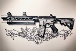 A forearm tattoo that includes an M4 rifle and a Beretta M9 pistol tattoo idea