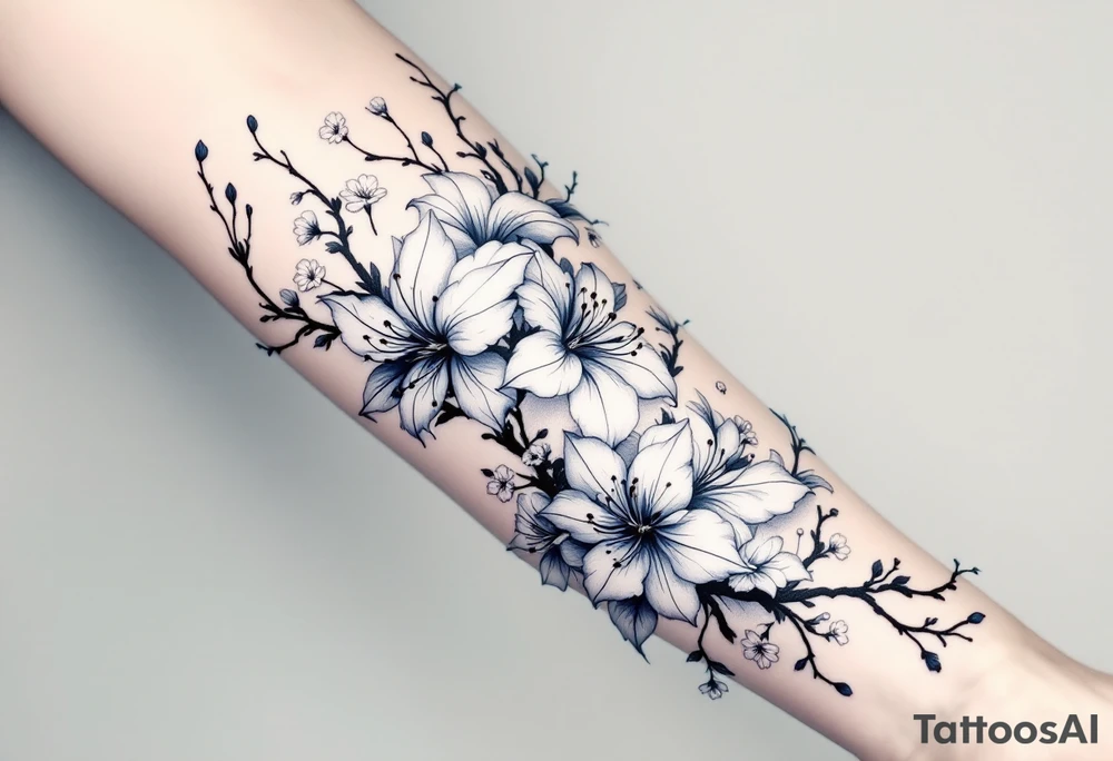 blue spider lily in black and white colours from the anime demon slayer and Cherry Blossoms wrapped around the arm, do not add colours tattoo idea