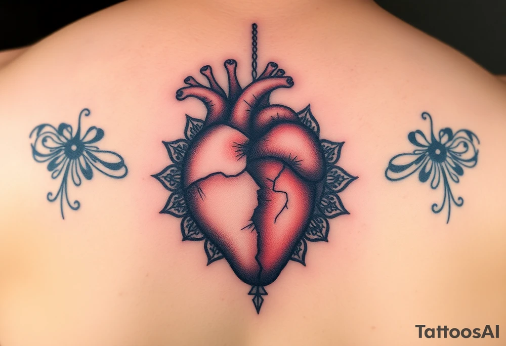 A heart that's half broken holding on by a thread and cracked with mandala art around it tattoo idea