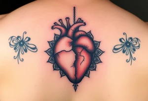 A heart that's half broken holding on by a thread and cracked with mandala art around it tattoo idea