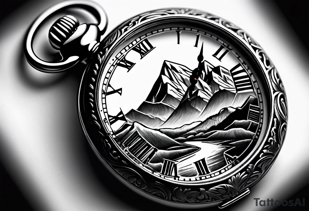 Pocket watch with mountains tattoo idea