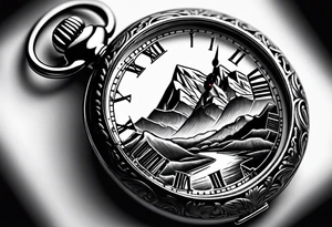 Pocket watch with mountains tattoo idea