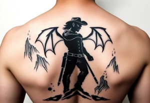 Demon cowboy silhouette against a fiery, jagged landscape. tattoo idea