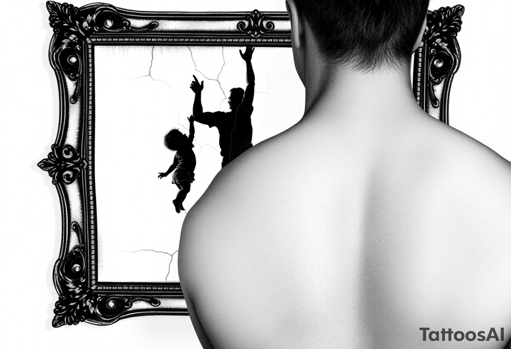 Cracked antique mirror showing dual reflection - silhouette of small child reaching upward on one side and strong adult figure on opposite side, the crack pattern itself helps divide and define the two figures, ornate Victorian frame with geometric elements, optical illusion style where crack separates child from adult, black and grey with subtle shading, upper arm tattoo design tattoo idea