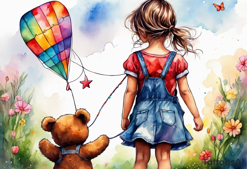 back image of a little girl in a dress, holding a kite , a teddy bear in overalls, standing beside her tattoo idea