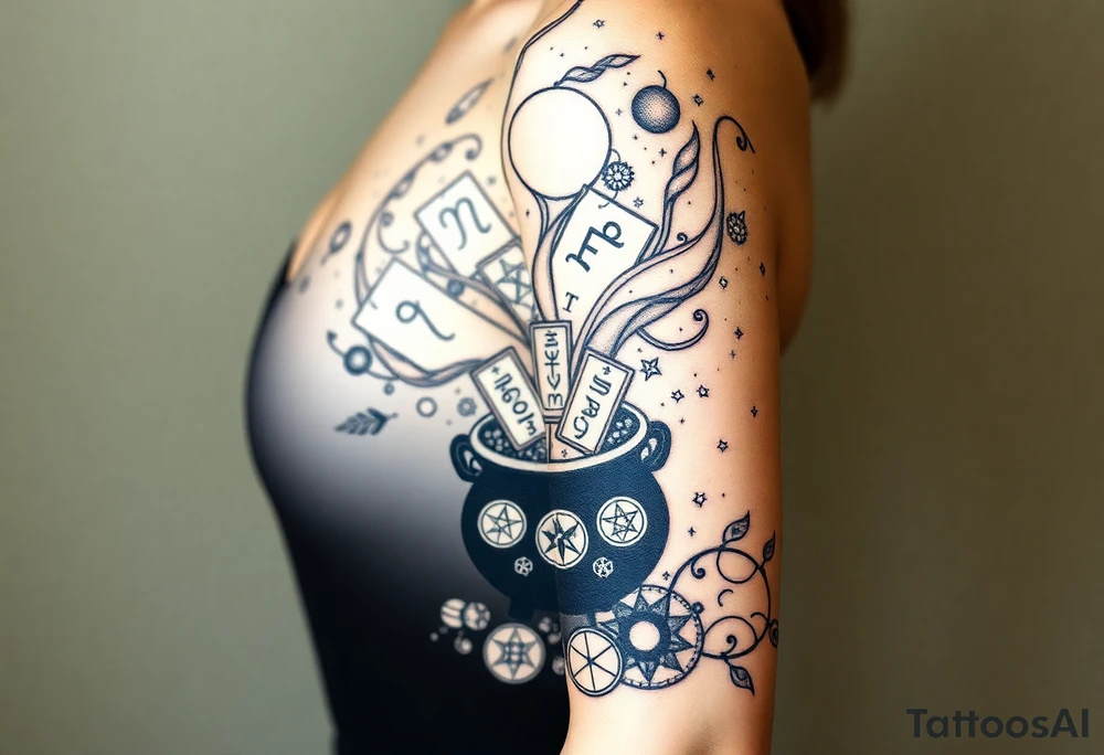 Milky way filled with zodiac symbols runes tarot cards coming out of a cauldron tattoo idea