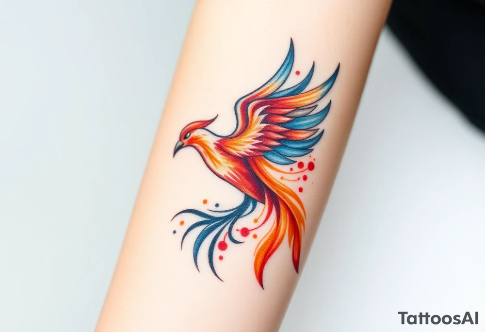 Phoenix with splashes of color in fire tattoo idea