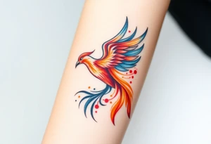 Phoenix with splashes of color in fire tattoo idea