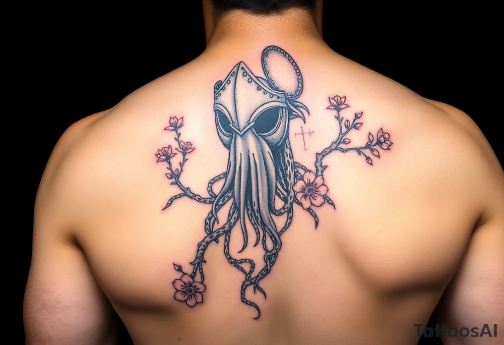 squid knight helmet combined with tree roots, cherry blossoms and roses rolling dice tattoo idea