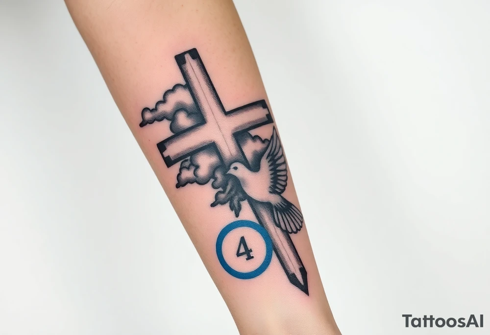 Big cross with clouds in the back everywhere  with a dove a the bottom left of the forearm with a blue circle ring it and the number 4 to the of the dove. cover the whole forearm tattoo idea