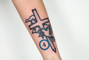 Big cross with clouds in the back everywhere  with a dove a the bottom left of the forearm with a blue circle ring it and the number 4 to the of the dove. cover the whole forearm tattoo idea