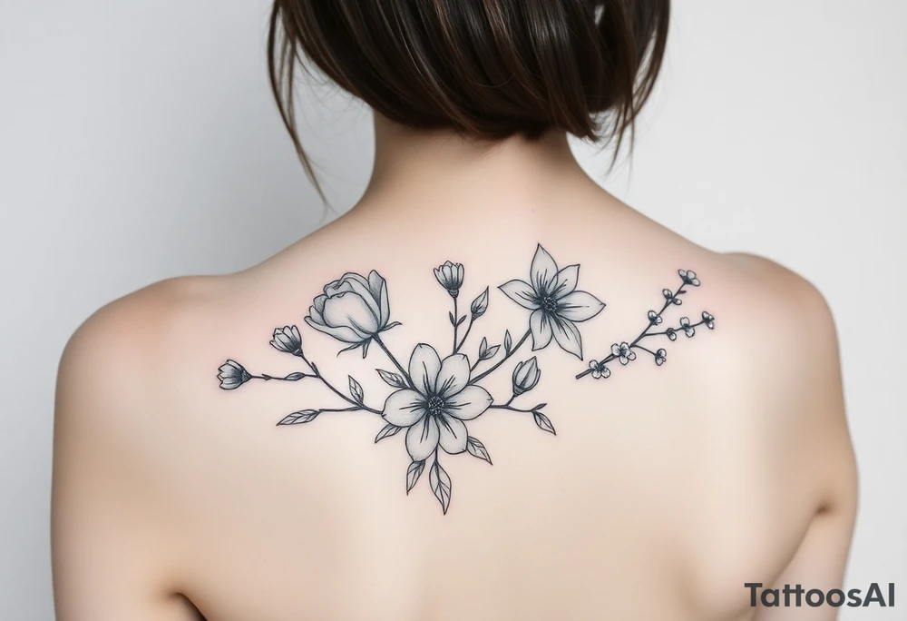 botanical tattoo with flowers such as tulips and lilies and cherry blossoms on the upper arm tattoo idea