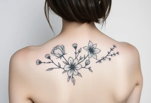 botanical tattoo with flowers such as tulips and lilies and cherry blossoms on the upper arm tattoo idea