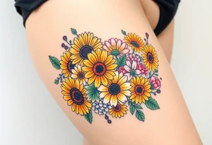 Bouquet of sunflowers, water Lillies, dahlias, marigolds, carnations, hydrangeas, daisys, and chrysanthemums tattoo idea