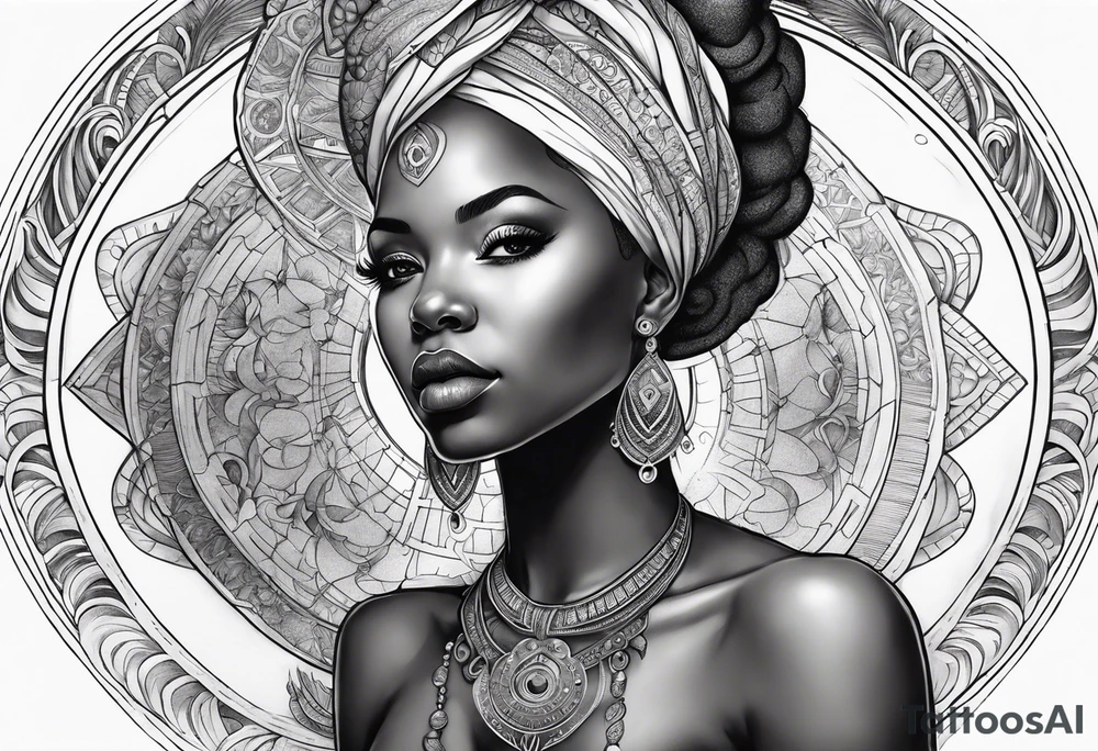 Black woman, enlightenment, wisdom, astronomy, cancer zodiac, natural, full arm tattoo idea