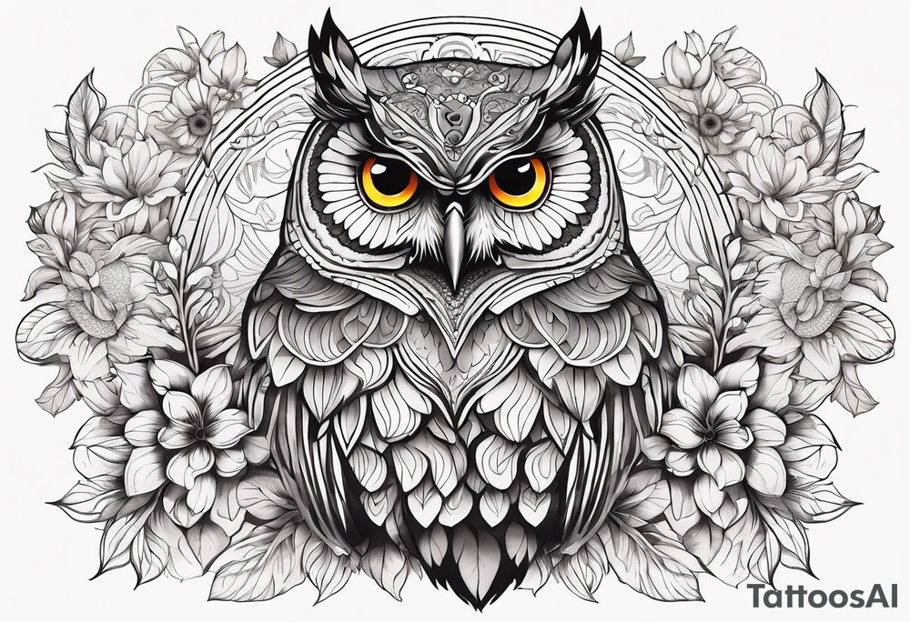 Flowers, colorful, horizontal, botanical, mandala background with owl in the middle tattoo idea