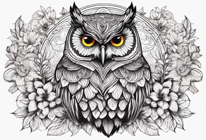 Flowers, colorful, horizontal, botanical, mandala background with owl in the middle tattoo idea