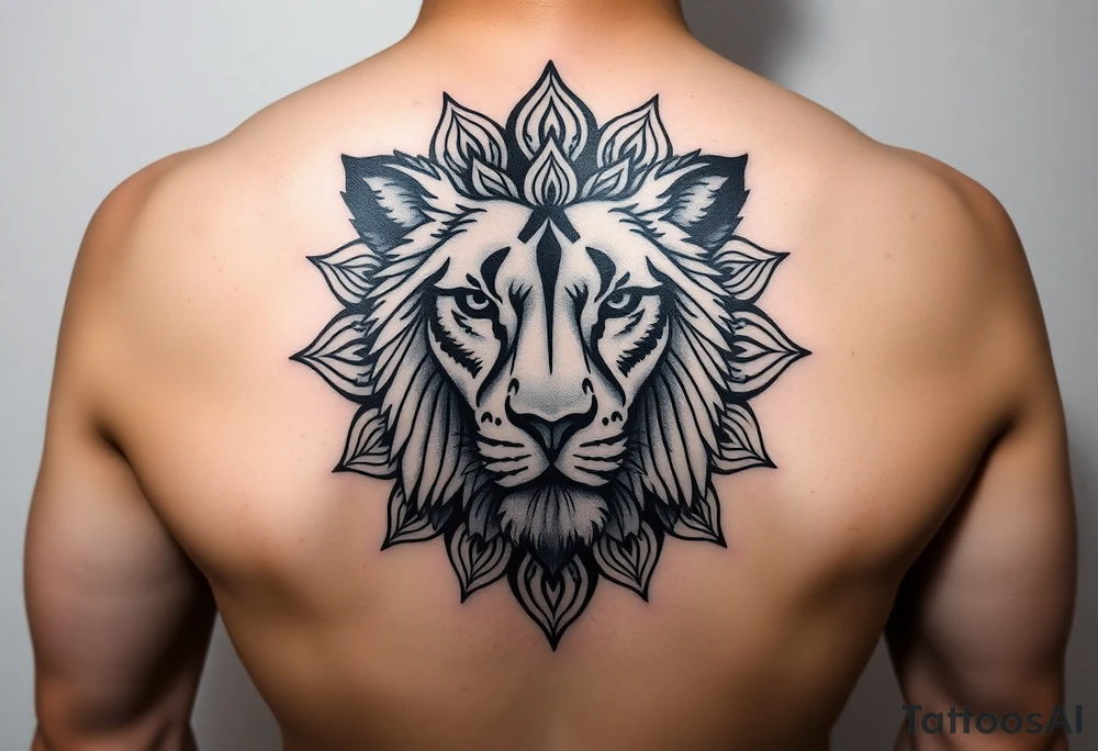 a female lion with half of her face as a messy mandala tattoo idea