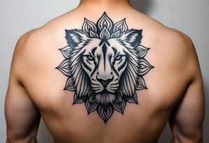 a female lion with half of her face as a messy mandala tattoo idea