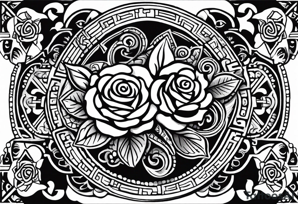 Design a masculine tattoo depicting three delicate rose buds being embraced and protected by 
Aztec weapons. The weapons should include elements such as the macuahuitl (Aztec sword-club), obsidian blades, and shields, arranged in a way that forms a protective circle or embrace around the roses. Carve the entire image as if it were a stone sculpture by an ancient Aztec artist, with the texture resembling intricately detailed stone carvings. The roses should be slightly softer but still stylized in stone, giving the entire tattoo a powerful, yet artistic and ancient feel. Use bold, sharp lines to capture the essence of Aztec craftsmanship tattoo idea