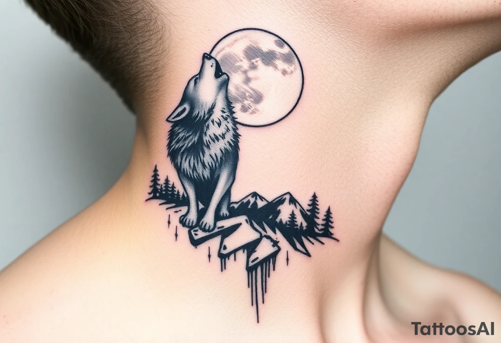 lone wolf howling at full moon with northern lights backdrop tattoo idea