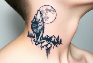 lone wolf howling at full moon with northern lights backdrop tattoo idea