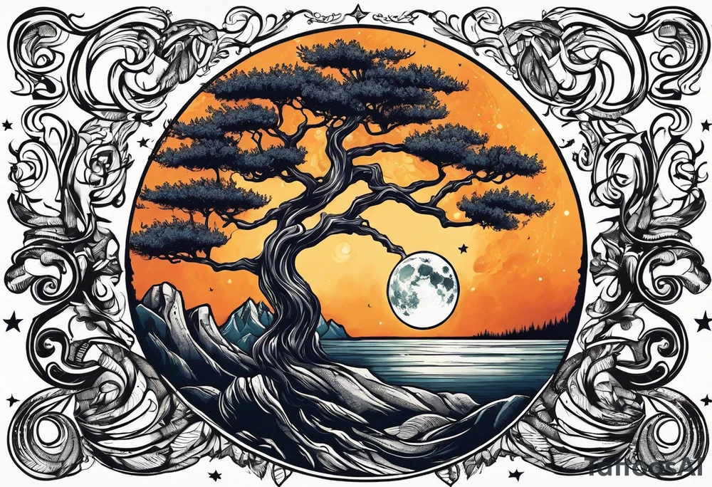 design moon tree campfire guitar playing tattoo idea