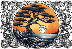 design moon tree campfire guitar playing tattoo idea