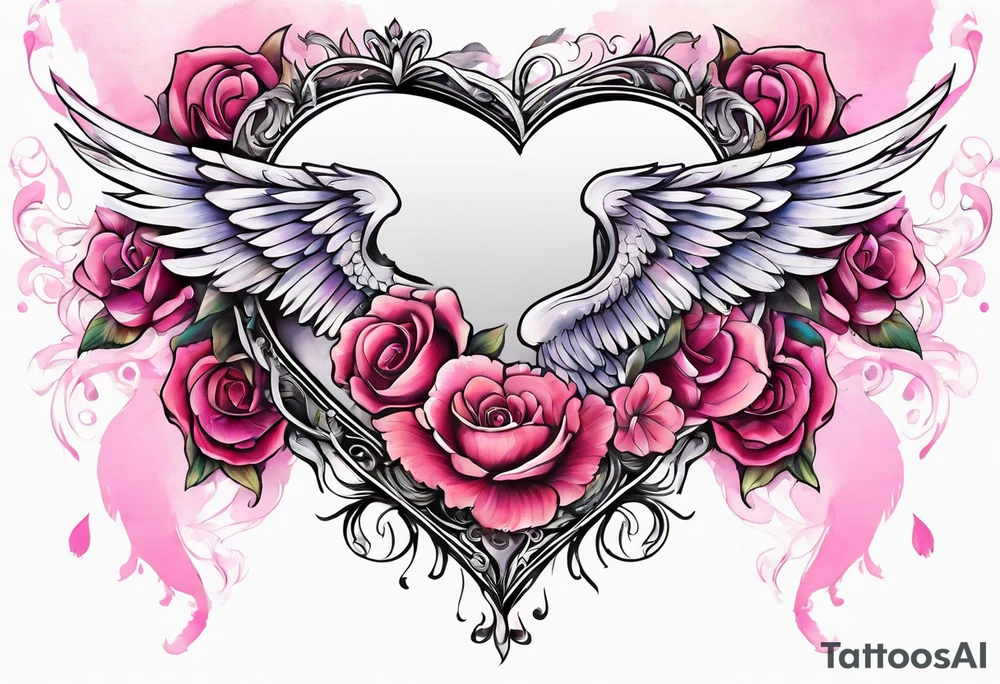 Flowers around a heart with angel wings with pink colors arm sleeve tattoo idea