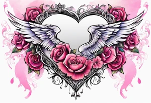 Flowers around a heart with angel wings with pink colors arm sleeve tattoo idea