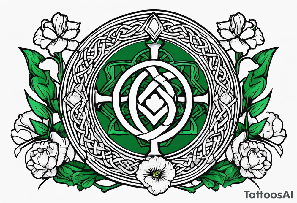 Irish Celtic symbol of love wedding ring with an Emrald green gem in the middle of the heart with a bundle of carnations, leaves, and narcissus coming out of the hands. Simple tattoo idea