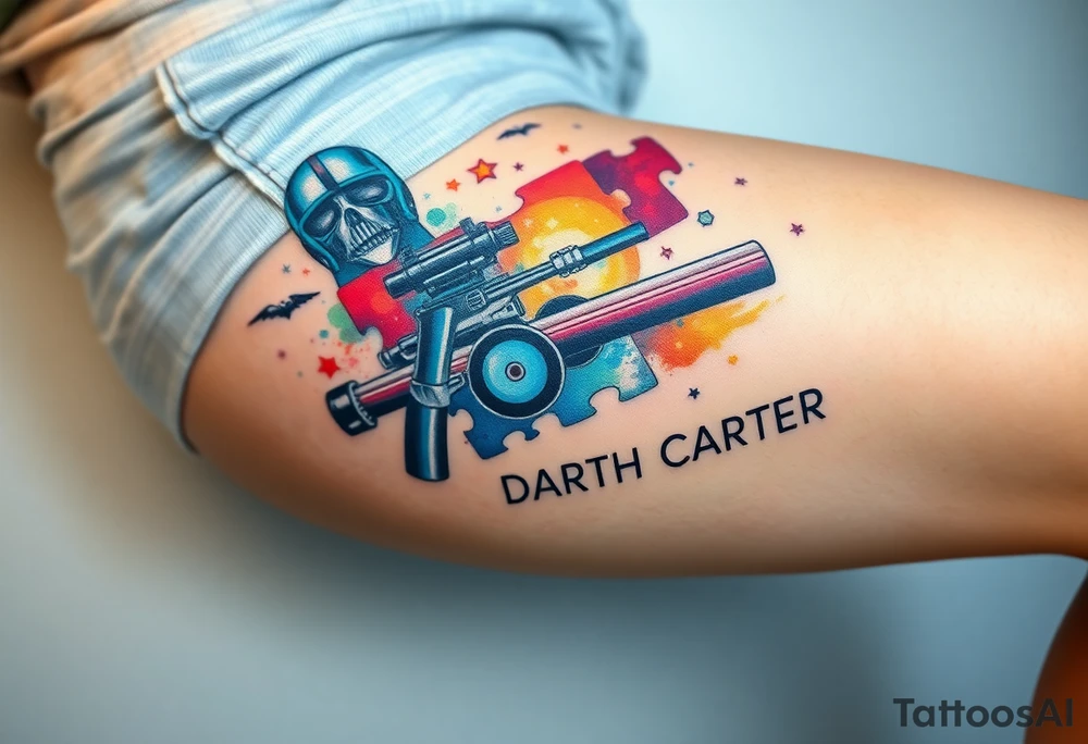 colorful futuristic memory tattoo for passed boyfriend;, star wars, Harley Davidson, skateboarding, puzzle pieces, video games, heaven, god, outdoors, beretta 9mm gun, words MEMENTO MORI & DARTH CARTER tattoo idea