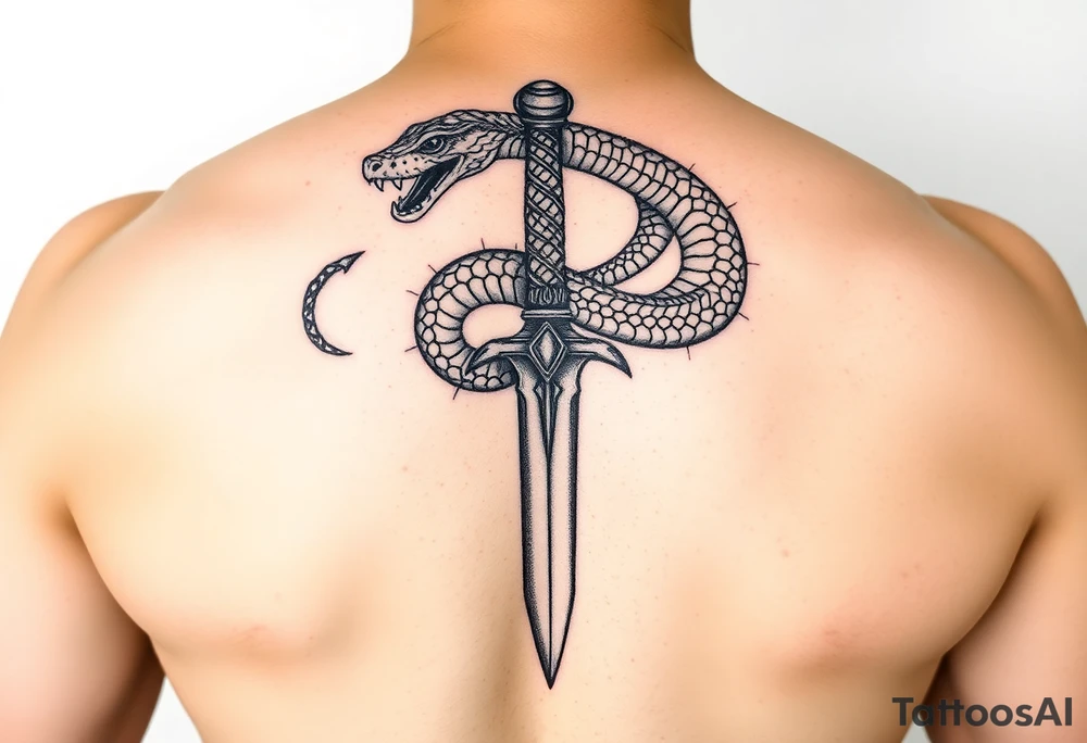 mystical snake coiled around an ancient dagger with jeweled hilt tattoo idea