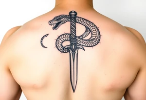 mystical snake coiled around an ancient dagger with jeweled hilt tattoo idea