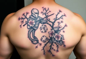 knight and squid intertwined with climbing roses and tree roots with cherry blossoms rolling dice tattoo idea