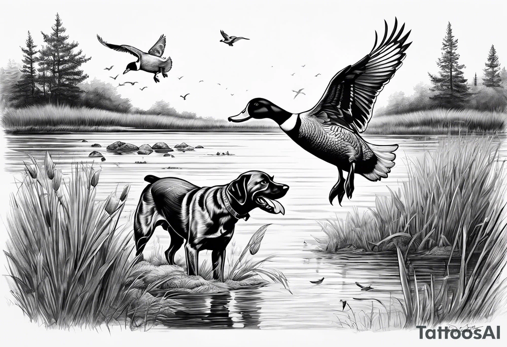 bird dog retrieving duck from marsh in its mouth tattoo idea