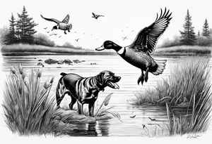 bird dog retrieving duck from marsh in its mouth tattoo idea
