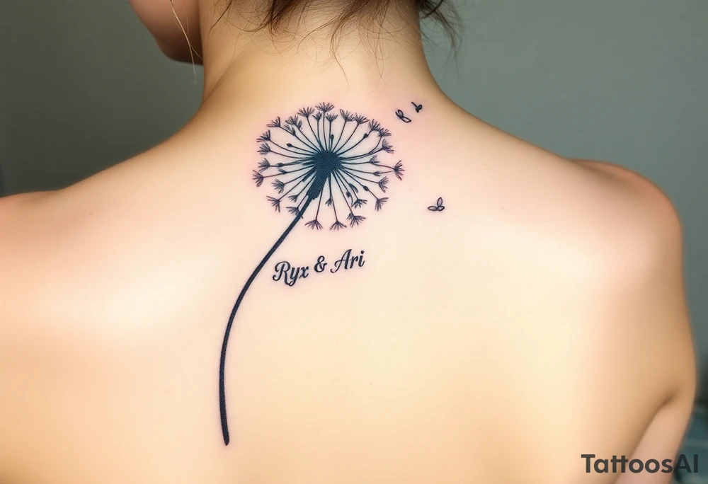 Smaller Realistic dandelion flowing to wind upward fashion with words (Rix, Rys & Ari) on stem in beautiful cursive tattoo idea