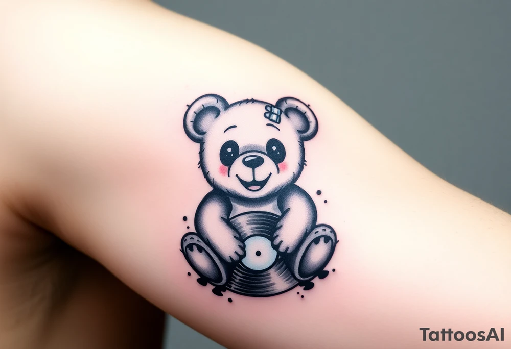 minimalist teddy bear with vinyl records as eyes smiling and sitting on a record tattoo idea