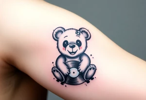 minimalist teddy bear with vinyl records as eyes smiling and sitting on a record tattoo idea