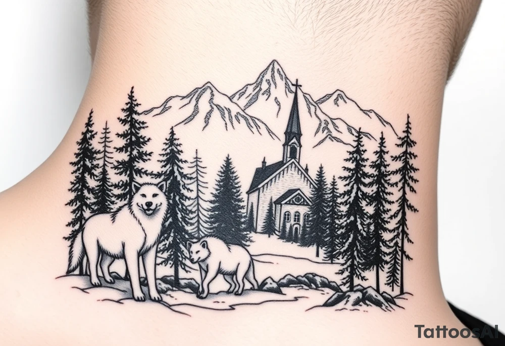Nature/Landscape

Wolves in a pine forest (extending the tree line you already have)
A Russian bear emerging from the treeline
Snow-capped mountains behind the church scene tattoo idea