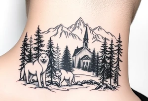 Nature/Landscape

Wolves in a pine forest (extending the tree line you already have)
A Russian bear emerging from the treeline
Snow-capped mountains behind the church scene tattoo idea